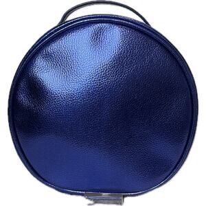 NWOT Metallic Blue Round Make-Up Bag  8'' Diameter 2'' Deep  Travel Vacation